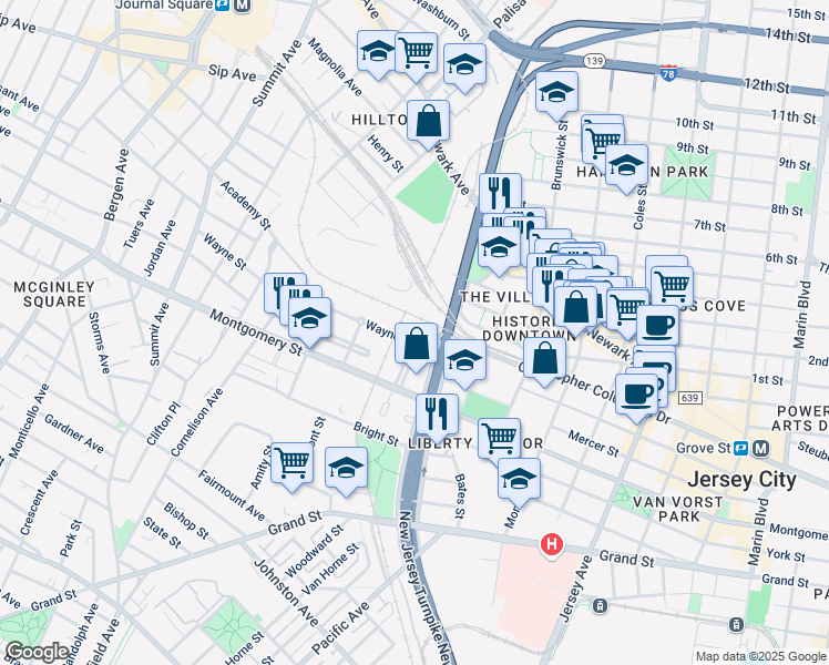 map of restaurants, bars, coffee shops, grocery stores, and more near 26 Merseles Street in Jersey City
