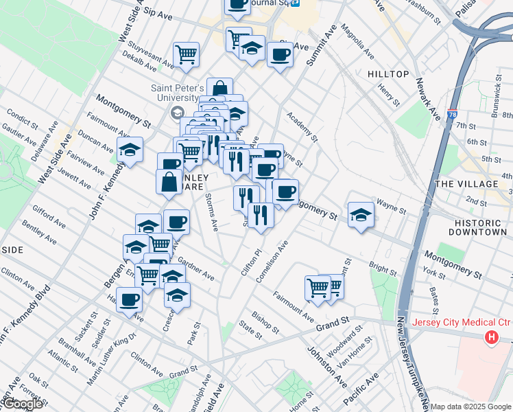 map of restaurants, bars, coffee shops, grocery stores, and more near 246 Summit Avenue in Jersey City