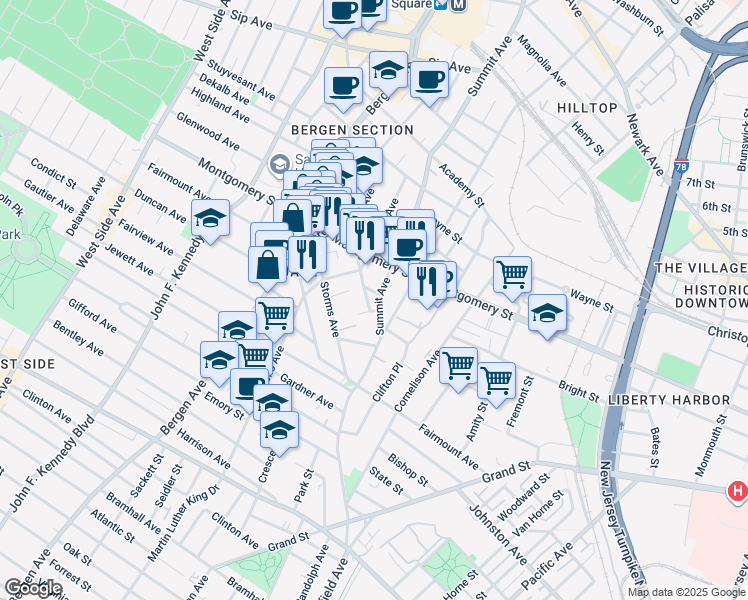 map of restaurants, bars, coffee shops, grocery stores, and more near 246 Summit Avenue in Jersey City