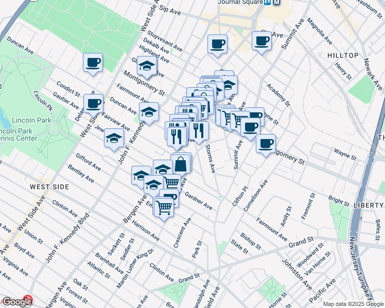 map of restaurants, bars, coffee shops, grocery stores, and more near in Jersey City