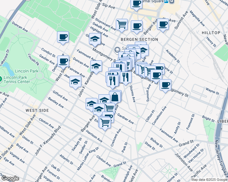 map of restaurants, bars, coffee shops, grocery stores, and more near in Jersey City