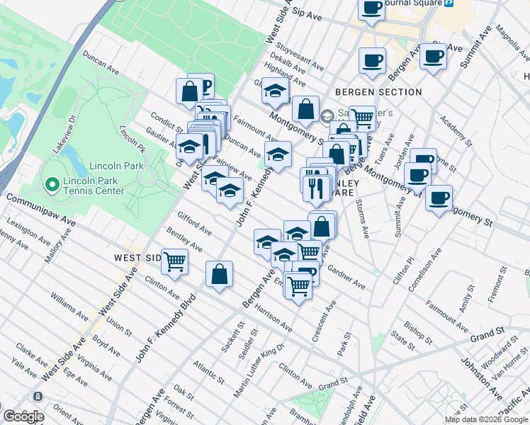 map of restaurants, bars, coffee shops, grocery stores, and more near 2530 John F. Kennedy Boulevard in Union City