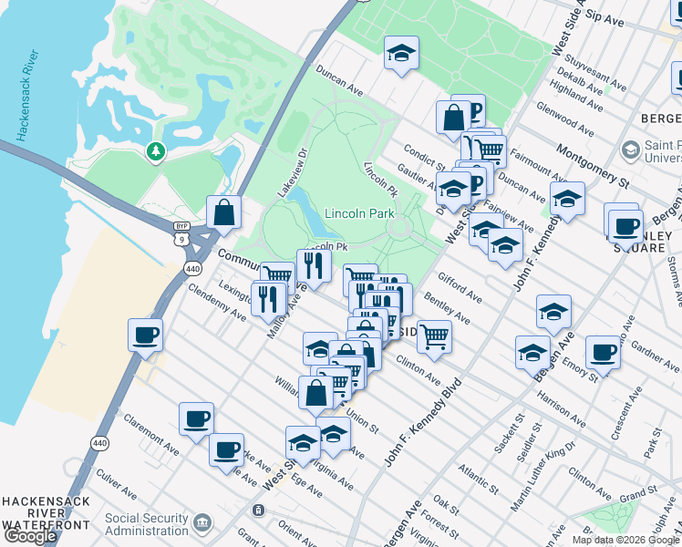 map of restaurants, bars, coffee shops, grocery stores, and more near 30 Nunda Avenue in Jersey City