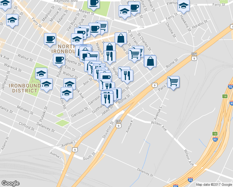 map of restaurants, bars, coffee shops, grocery stores, and more near 30 Barbara Street in Newark