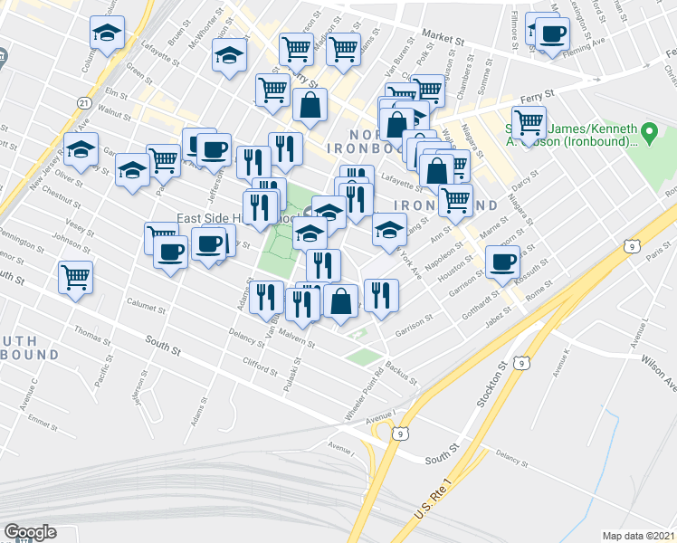 map of restaurants, bars, coffee shops, grocery stores, and more near 220b Nichols Street in Newark