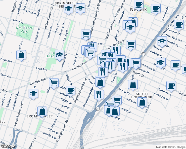 map of restaurants, bars, coffee shops, grocery stores, and more near 25a Sherman Avenue in Newark