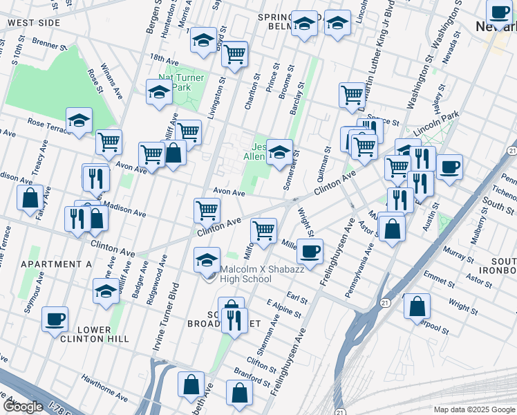map of restaurants, bars, coffee shops, grocery stores, and more near 46 Avon Avenue in Newark