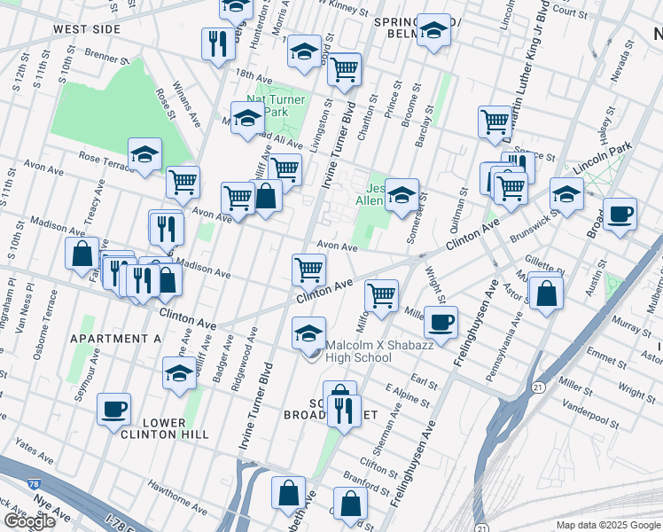 map of restaurants, bars, coffee shops, grocery stores, and more near in Newark