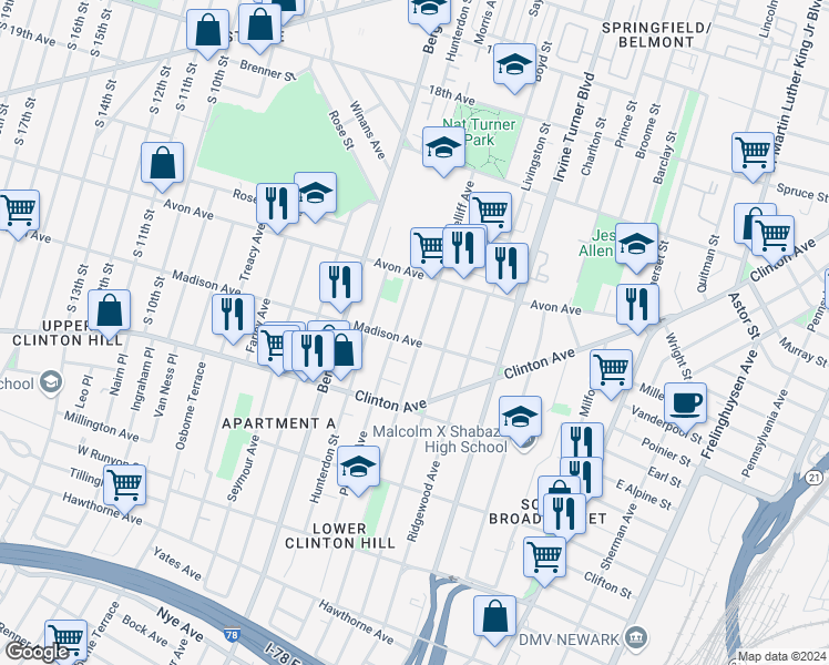 map of restaurants, bars, coffee shops, grocery stores, and more near 162-170 Jelliff Avenue in Newark