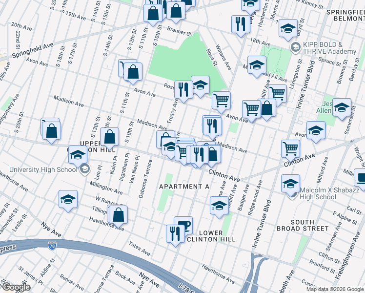 map of restaurants, bars, coffee shops, grocery stores, and more near 59 Seymour Avenue in Newark