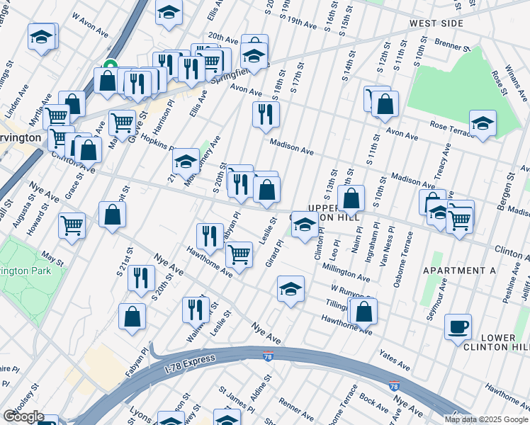 map of restaurants, bars, coffee shops, grocery stores, and more near 797-805 Clinton Avenue in Newark