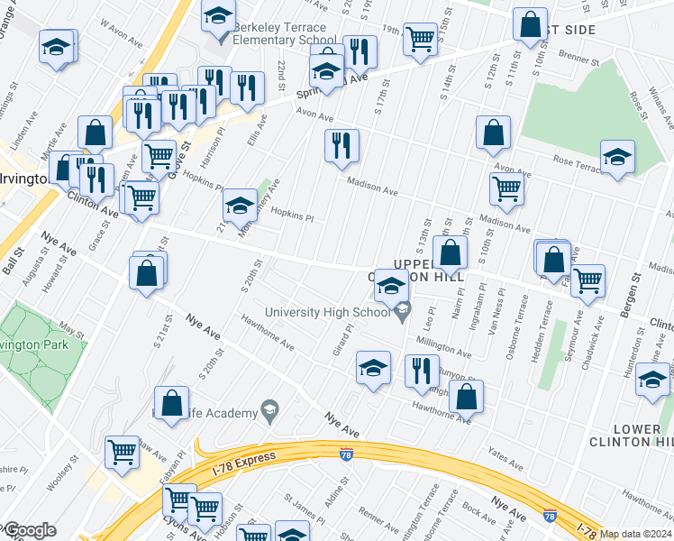map of restaurants, bars, coffee shops, grocery stores, and more near 797-805 Clinton Avenue in Newark