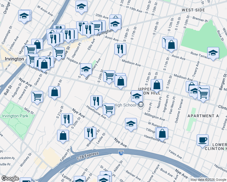 map of restaurants, bars, coffee shops, grocery stores, and more near 797-805 Clinton Avenue in Newark