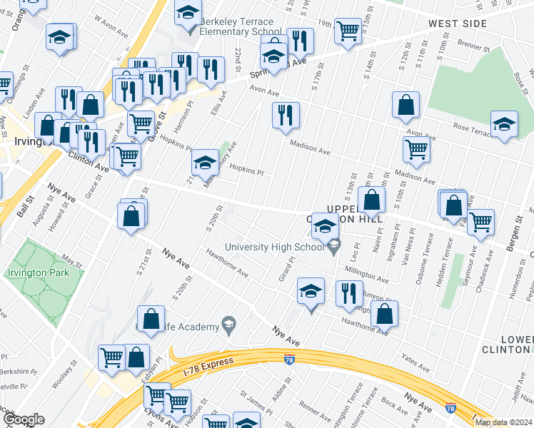 map of restaurants, bars, coffee shops, grocery stores, and more near in Newark
