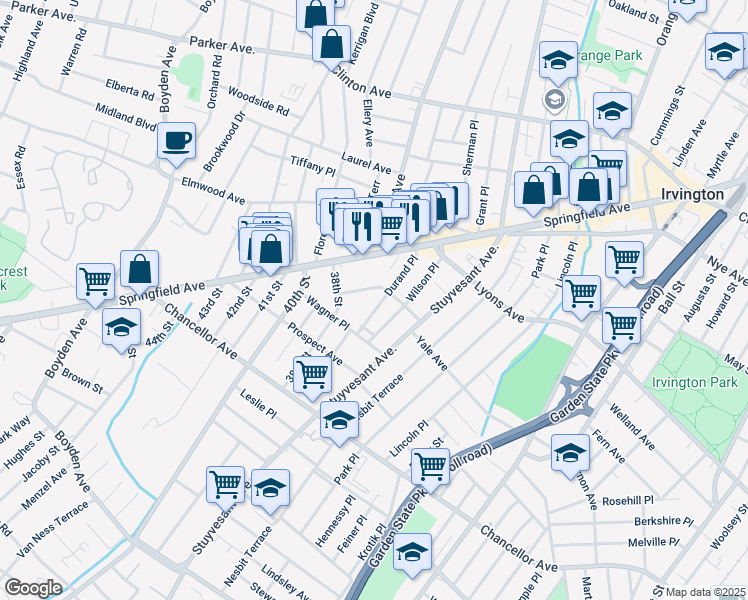 map of restaurants, bars, coffee shops, grocery stores, and more near 55 Bross Place in Irvington