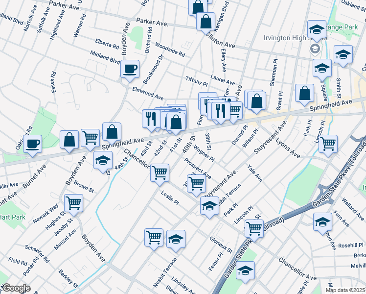 map of restaurants, bars, coffee shops, grocery stores, and more near 19 40th Street in Irvington
