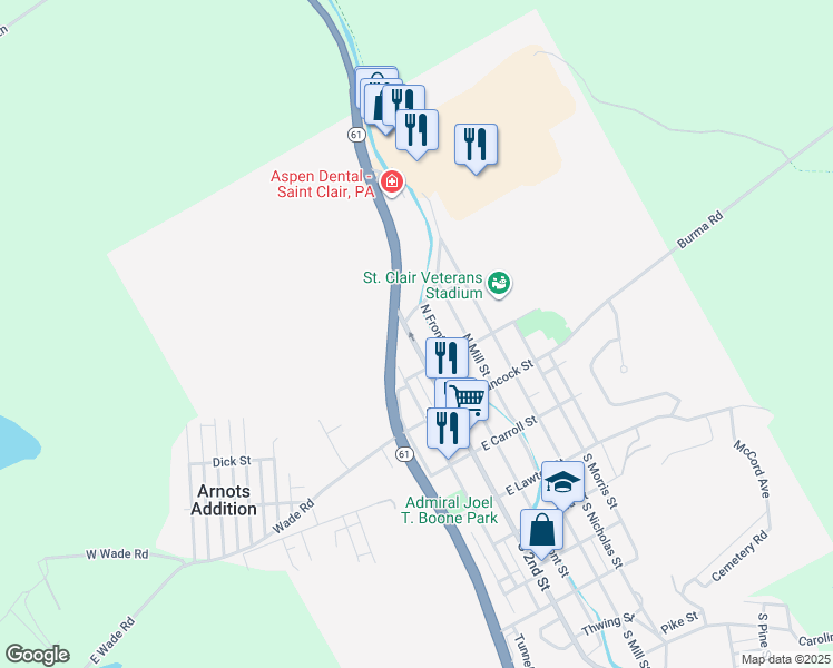 map of restaurants, bars, coffee shops, grocery stores, and more near 253 North 2nd Street in Saint Clair