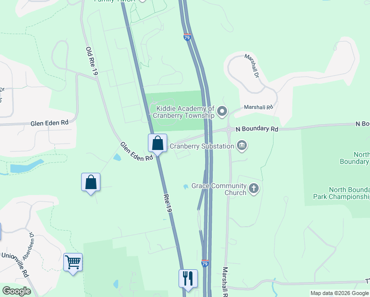 map of restaurants, bars, coffee shops, grocery stores, and more near 1012 Old North Boundary Road in Cranberry Township