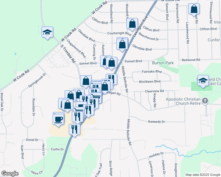 map of restaurants, bars, coffee shops, grocery stores, and more near 1230 Lexington Avenue in Mansfield