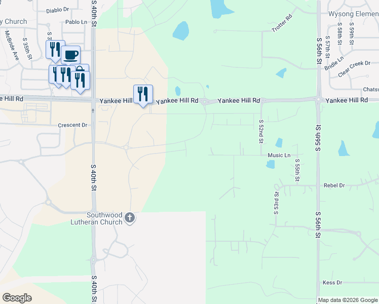 map of restaurants, bars, coffee shops, grocery stores, and more near 4900 Music Lane in Lincoln