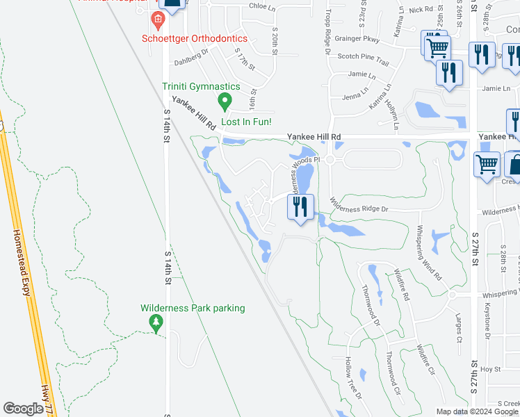 map of restaurants, bars, coffee shops, grocery stores, and more near 8761 Executive Woods Drive in Lincoln
