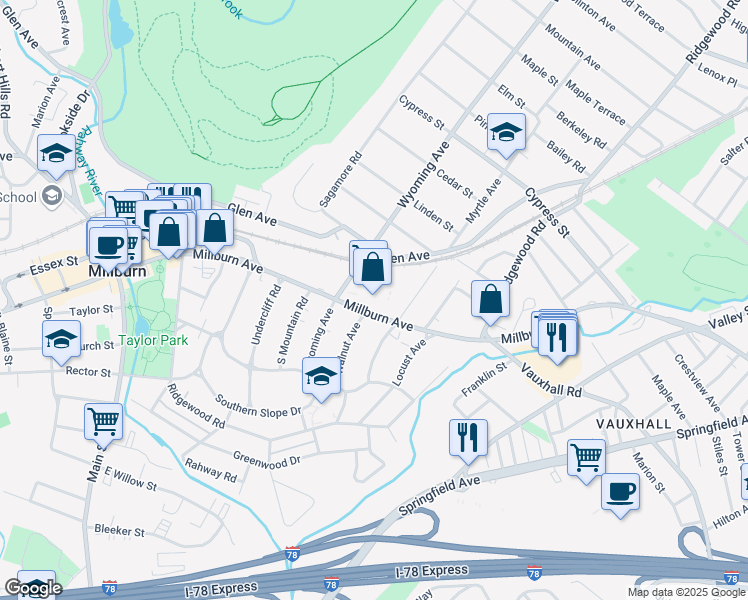 map of restaurants, bars, coffee shops, grocery stores, and more near 187 Millburn Avenue in Essex County