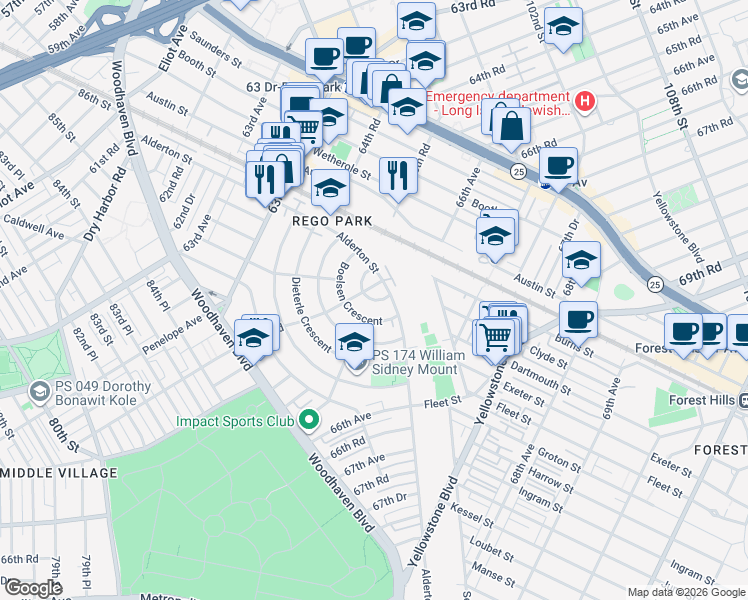 map of restaurants, bars, coffee shops, grocery stores, and more near 64-5 Alderton Street in Queens