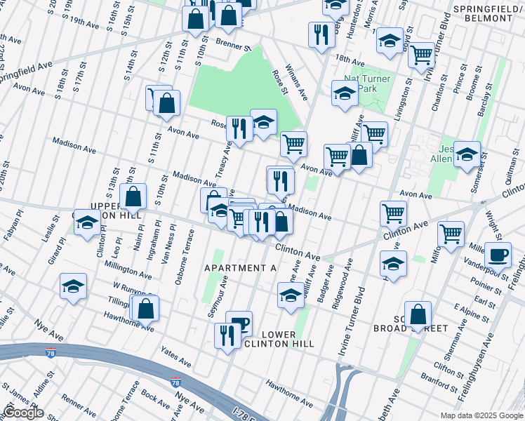 map of restaurants, bars, coffee shops, grocery stores, and more near 83 Chadwick Avenue in Newark