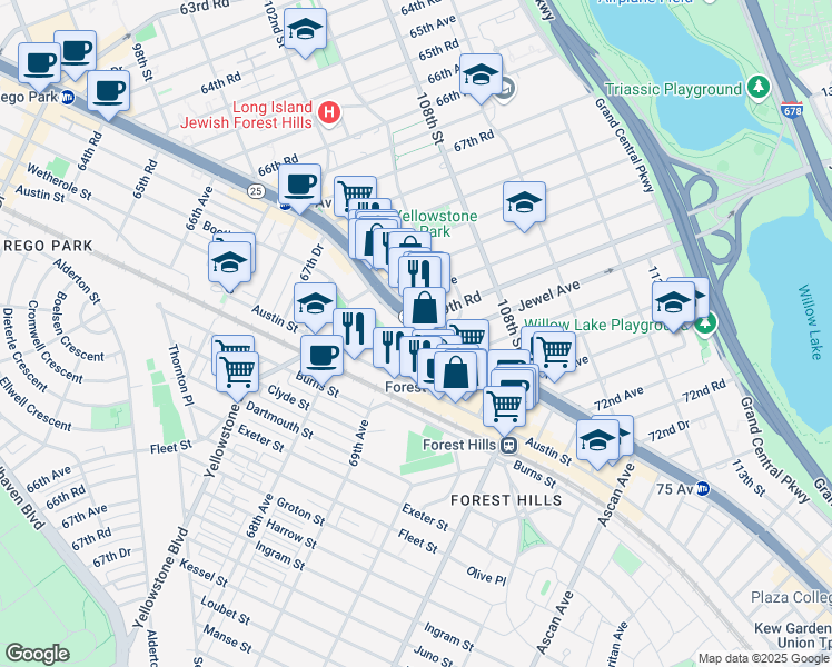 map of restaurants, bars, coffee shops, grocery stores, and more near 10470 Queens Boulevard in Queens