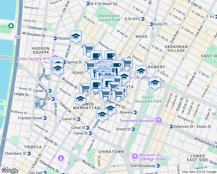map of restaurants, bars, coffee shops, grocery stores, and more near 79 Crosby Street in New York