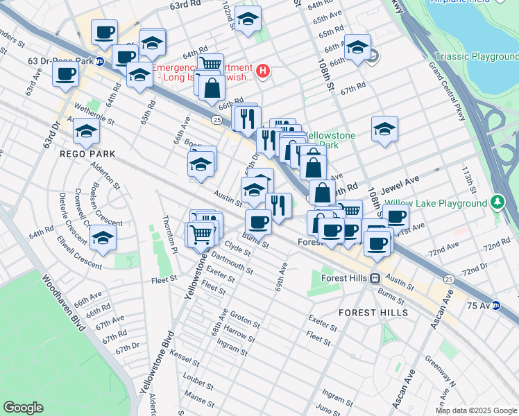 map of restaurants, bars, coffee shops, grocery stores, and more near 68-17 Austin Street in Queens