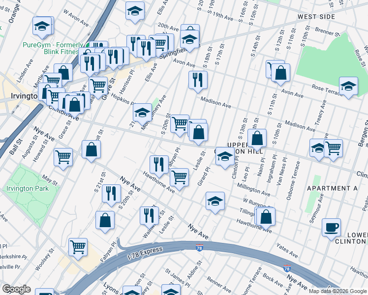 map of restaurants, bars, coffee shops, grocery stores, and more near 827 Clinton Avenue in Newark