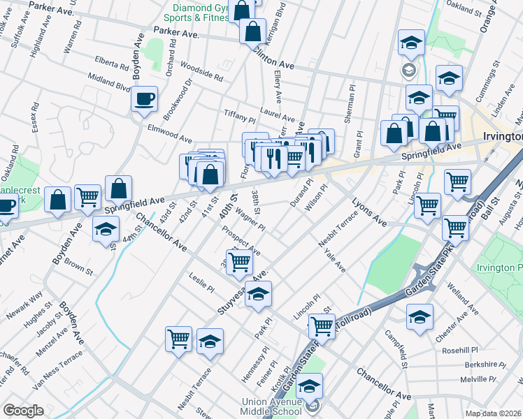map of restaurants, bars, coffee shops, grocery stores, and more near 19 38th Street in Irvington