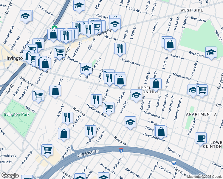 map of restaurants, bars, coffee shops, grocery stores, and more near 812 Clinton Avenue in Newark