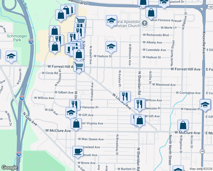map of restaurants, bars, coffee shops, grocery stores, and more near 2906 North 12 Oaks Drive in Peoria
