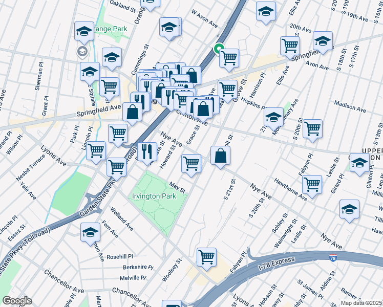 map of restaurants, bars, coffee shops, grocery stores, and more near 458 Nye Avenue in Irvington