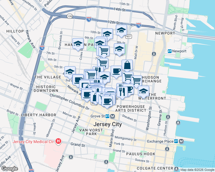 map of restaurants, bars, coffee shops, grocery stores, and more near 202 3rd Street in Jersey City