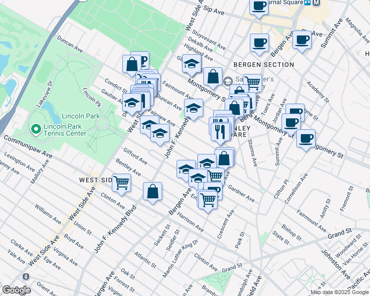 map of restaurants, bars, coffee shops, grocery stores, and more near 2530 John F. Kennedy Boulevard in Union City