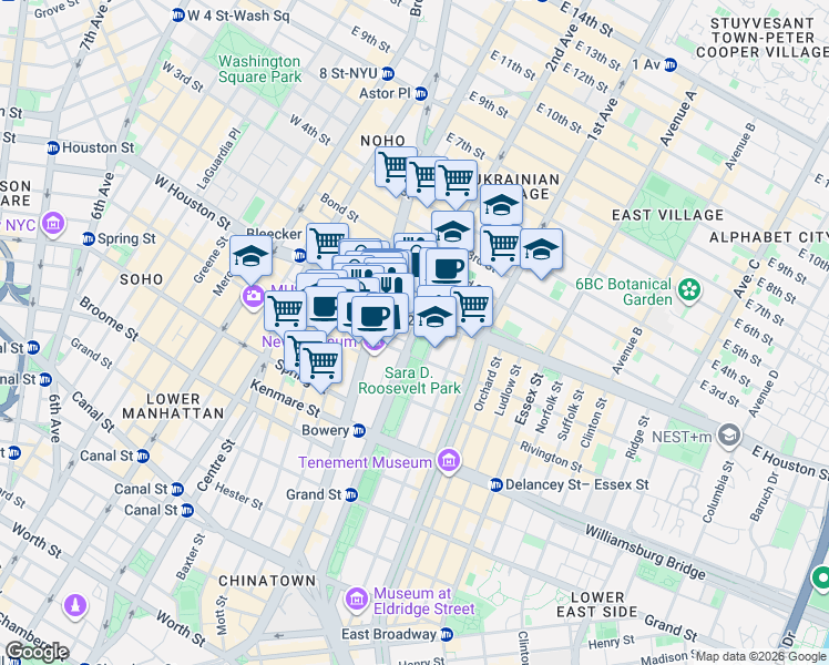 map of restaurants, bars, coffee shops, grocery stores, and more near 9317 East Houston Street in New York