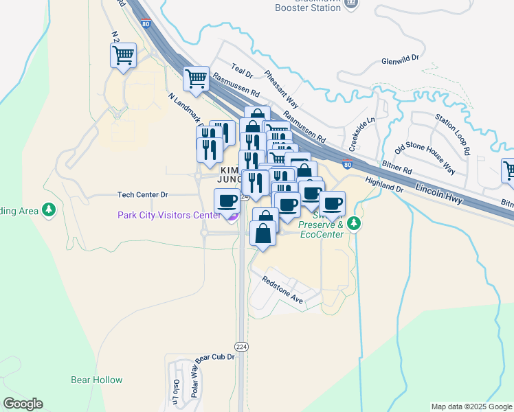 map of restaurants, bars, coffee shops, grocery stores, and more near 1673 West Ute Boulevard in Snyderville