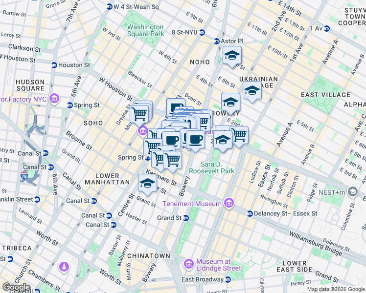 map of restaurants, bars, coffee shops, grocery stores, and more near 259 Elizabeth Street in New York