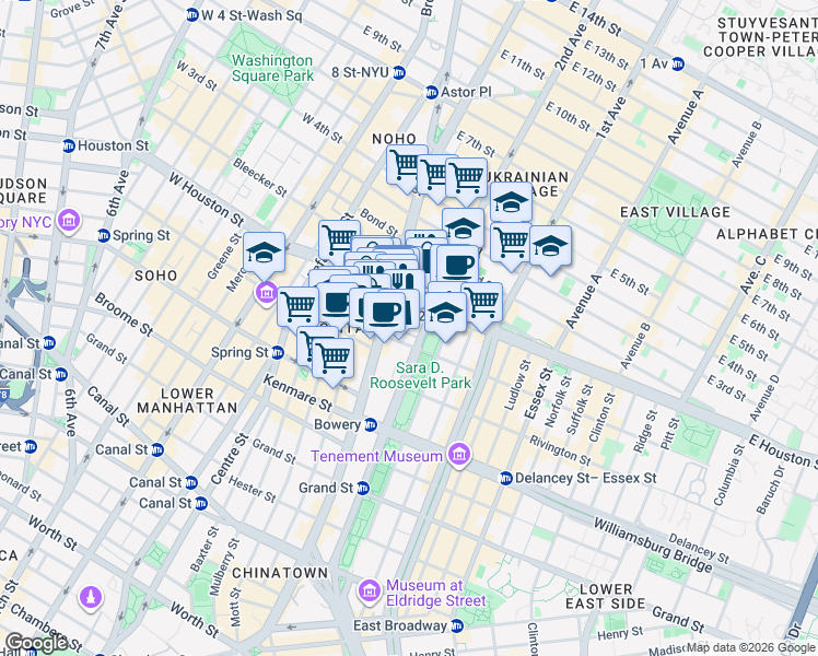 map of restaurants, bars, coffee shops, grocery stores, and more near 215 Chrystie Street in New York