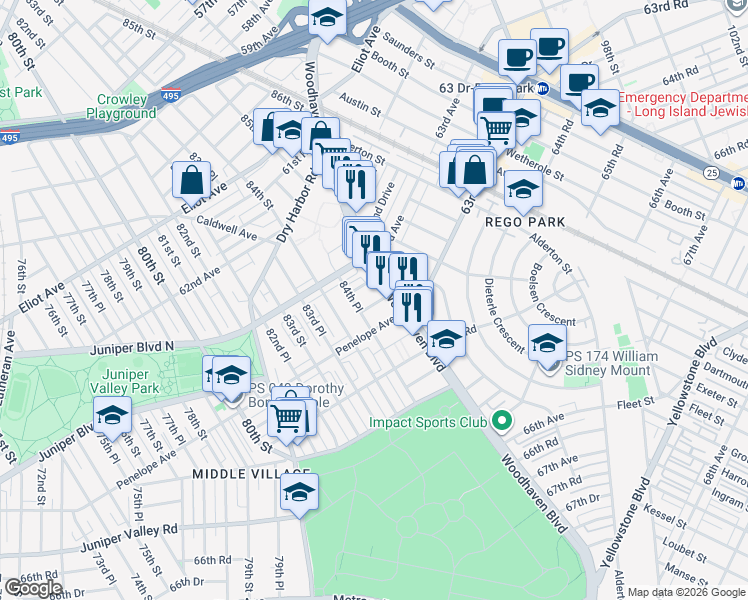 map of restaurants, bars, coffee shops, grocery stores, and more near 63-30 Woodhaven Boulevard in Queens