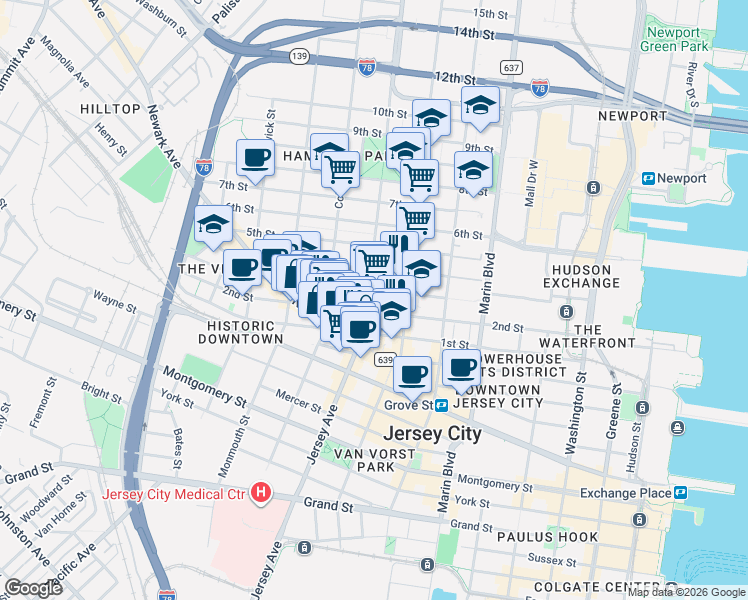 map of restaurants, bars, coffee shops, grocery stores, and more near 579 Jersey Avenue in Jersey City