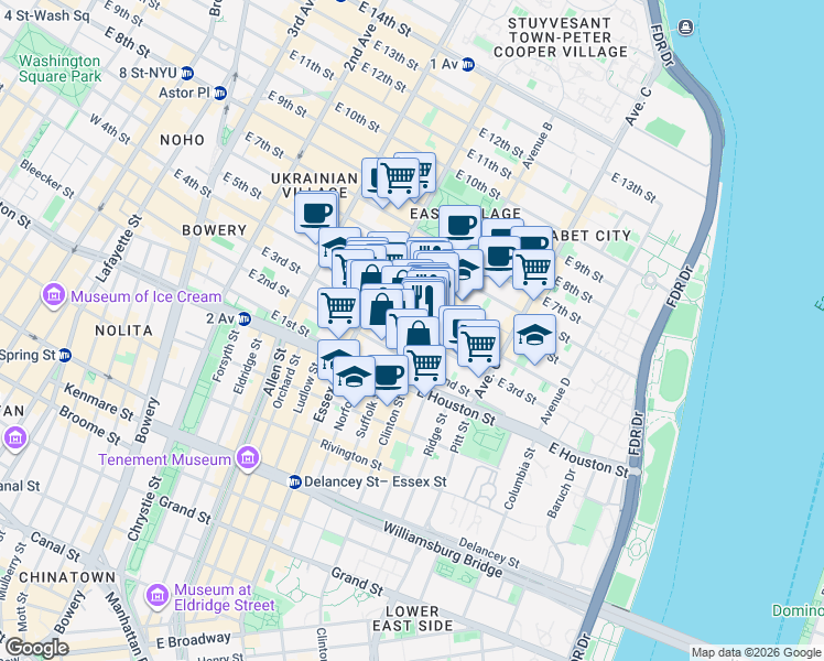 map of restaurants, bars, coffee shops, grocery stores, and more near 231 East 4th Street in New York
