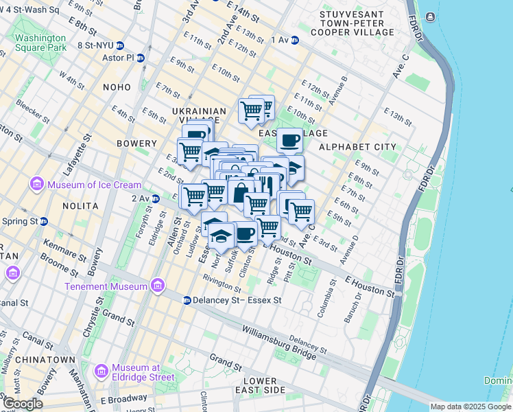 map of restaurants, bars, coffee shops, grocery stores, and more near 173 East 3rd Street in New York