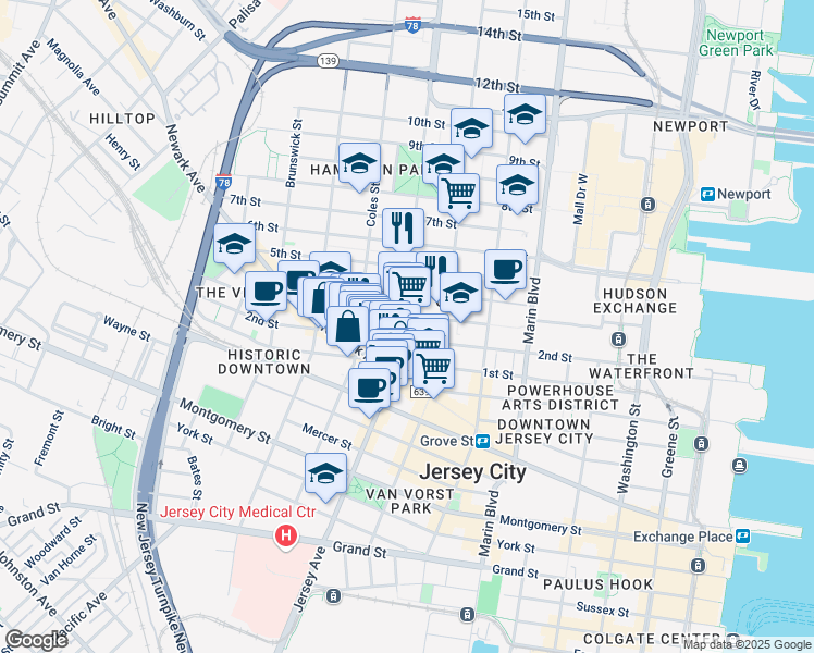 map of restaurants, bars, coffee shops, grocery stores, and more near 579 Jersey Avenue in Jersey City