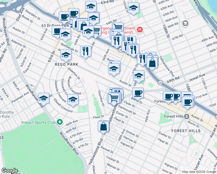 map of restaurants, bars, coffee shops, grocery stores, and more near 67-41 Burns Street in Queens