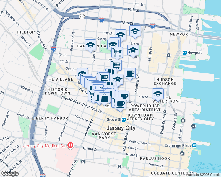 map of restaurants, bars, coffee shops, grocery stores, and more near 234 3rd Street in Jersey City
