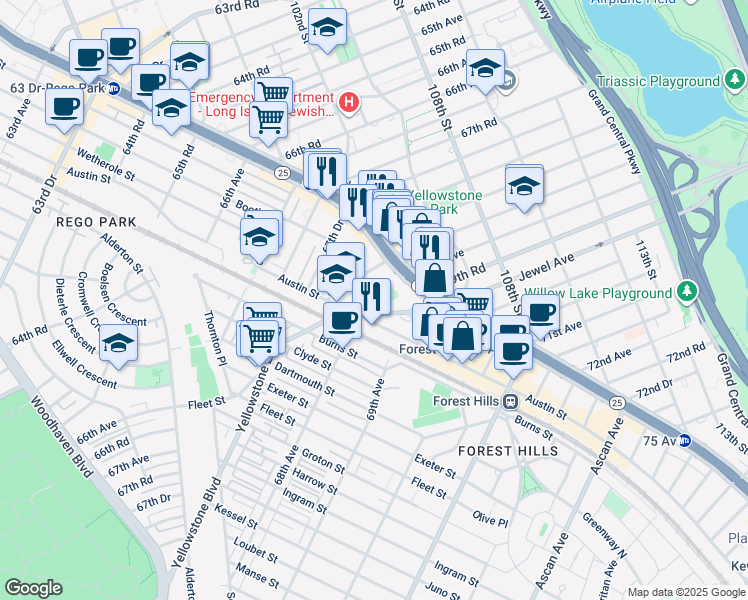map of restaurants, bars, coffee shops, grocery stores, and more near 104-34 Queens Boulevard in Queens